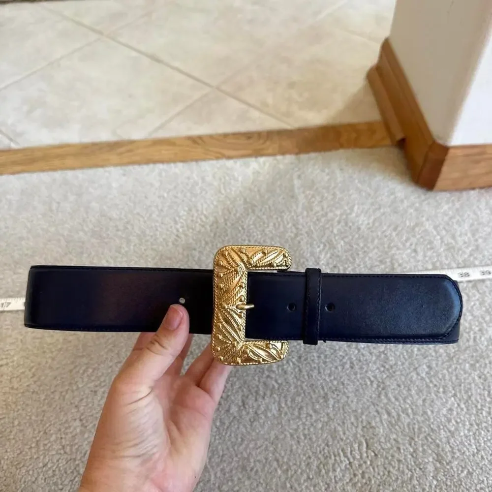 VTG chunky gold buckle navy blue leather belt liz Claiborne M